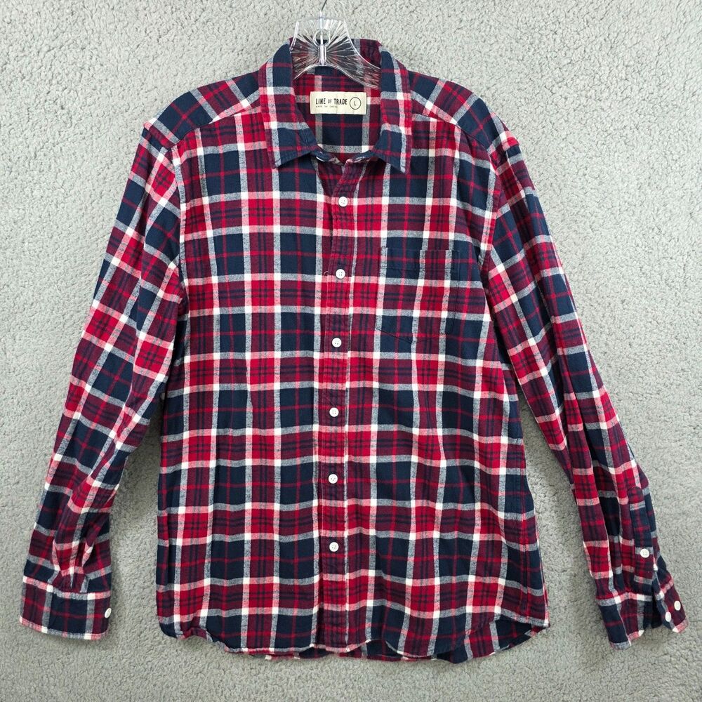Line of Trade Men's Sz L Red Blue Plaid Flannel Long Sleeve Button Up Shirt